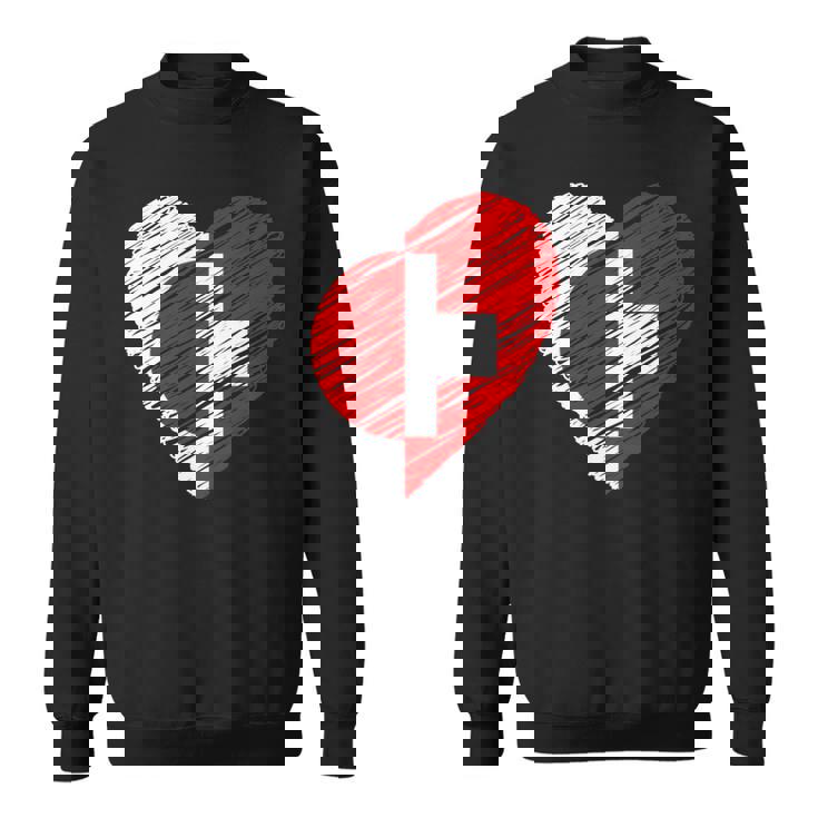 日本 スイス ハート 日本国旗 スイス国旗 ハート 長袖tシャツ スウェットシャツ