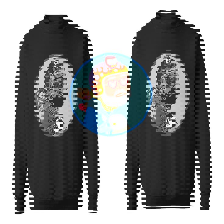 赤ちゃんをおんぶしたファンキー男 ハート型のサングラス ミニダルマ ヒゲ ファイヤーパターンのヘルメット スウェットシャツ