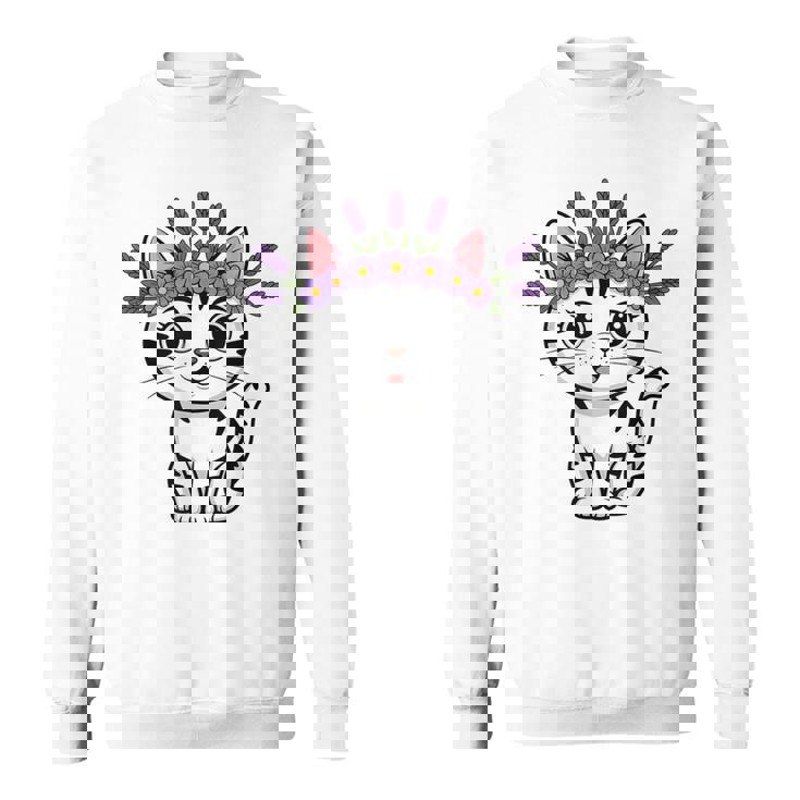 Cute Lavender Purple Flower Crown Cat Kawaii Kitty Floral Sweatshirt Unisex