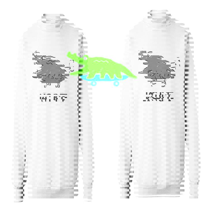 【バックプリント・背中側】楽して行こうワニ（Lacusite）スケボー【変なデザイン屋さん】ブランド パロディ 面白い スウェットシャツ