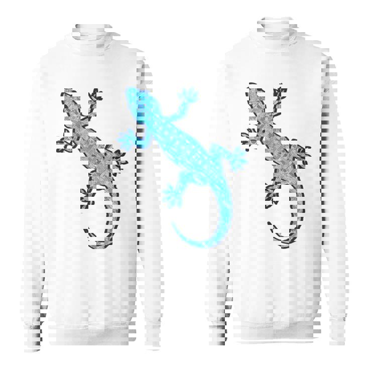 トライバル バティック パターン ヤモリトカゲ デニムブルーtシャツ スウェットシャツ