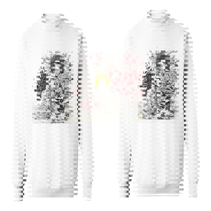 日本 浮世絵 観音菩薩 竜 桜 波 バックプリント 長袖tシャツ スウェットシャツ