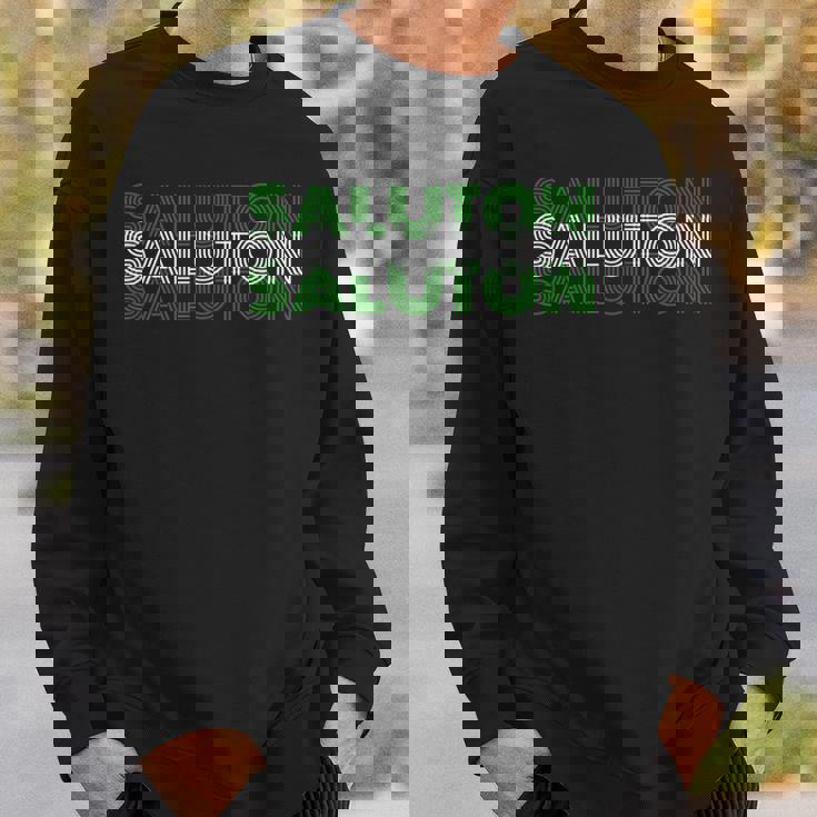 Saluton エスペラントのヘロ レトロテキスト スウェットシャツ 彼への贈り物