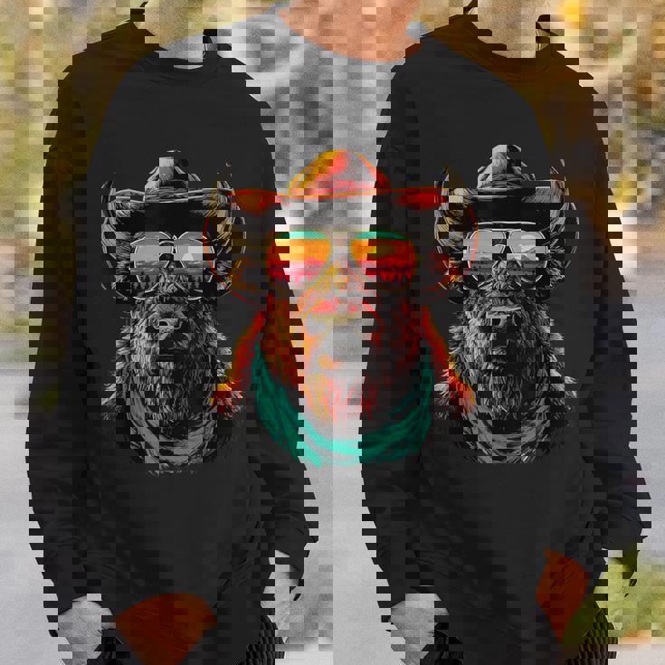 サングラス カラフル バイソン カウボーイ 動物 夕日 ウエスタン スウェットシャツ 彼への贈り物