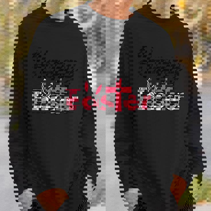 チェック柄ハッピーイースターバニー耳クロスかわいい宗教クリスチャン スウェットシャツ 彼への贈り物