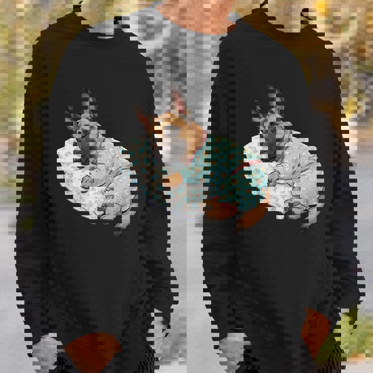 パジャマで寝ているかわいいベルギーのマリノア犬就寝アート 長袖tシャツ スウェットシャツ 彼への贈り物