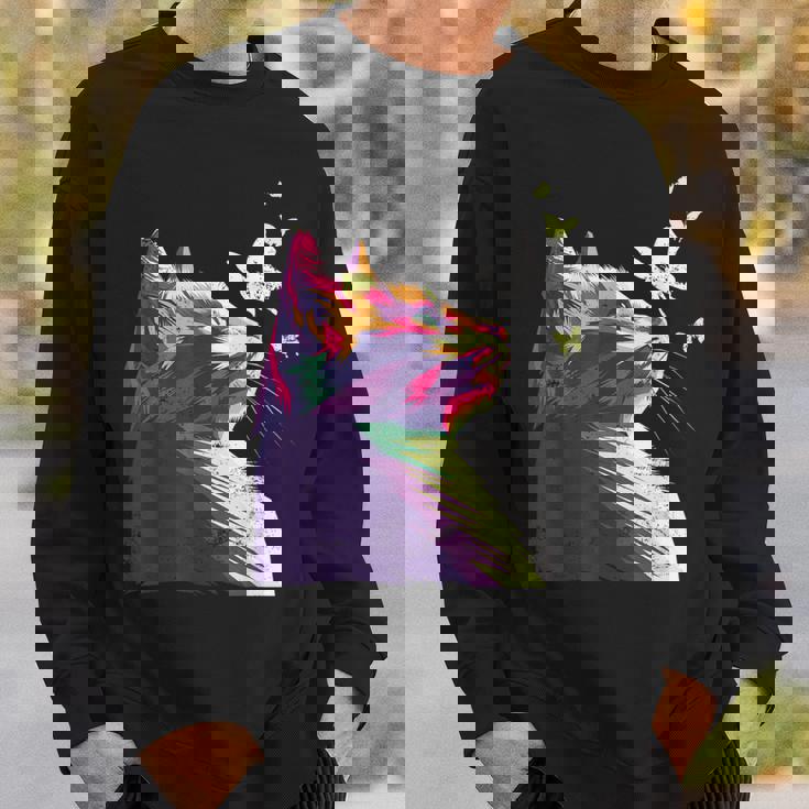 蝶と美しいカラフルな猫、パープル スウェットシャツ 彼への贈り物