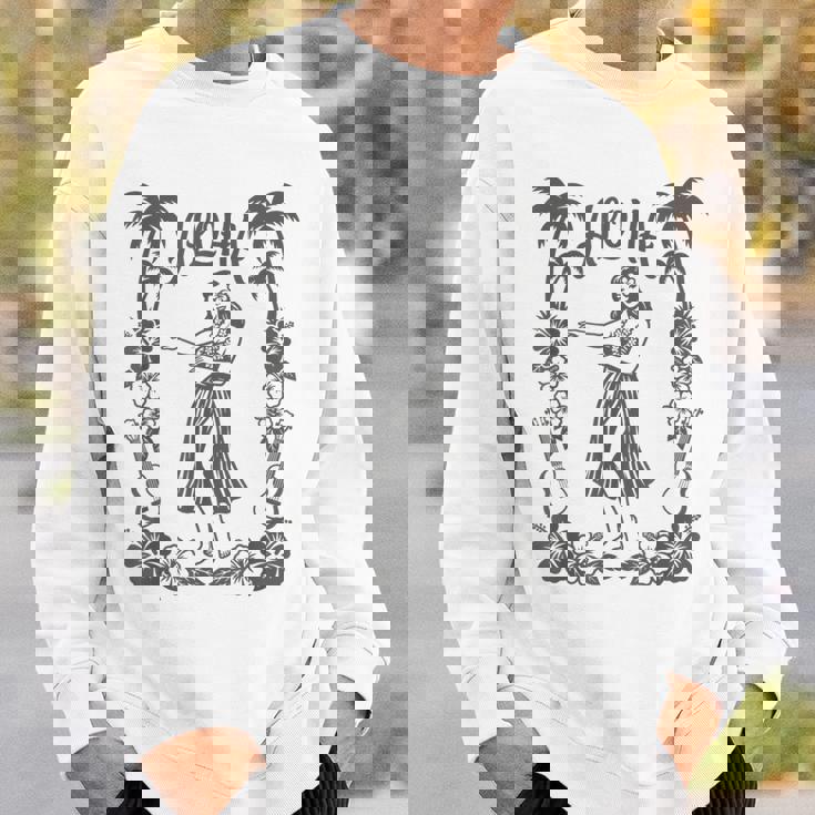 Aloha ハワイ ダンサー ヤシの木 ハイビスカス ウクレレ ルアウ ラインアート スウェットシャツ 彼への贈り物