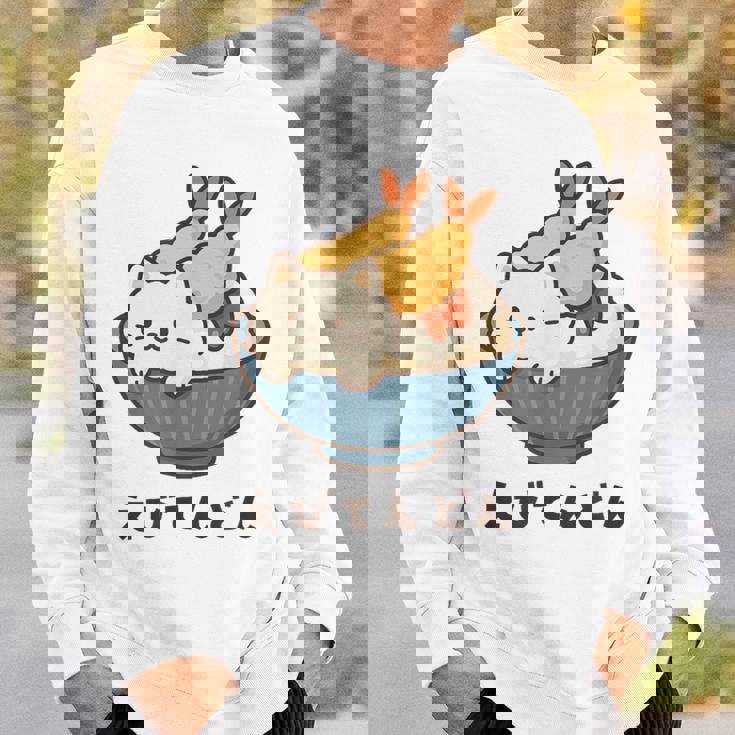 海老天丼 天丼 えび ご飯 ねこ 白猫 天丼好き 猫好き おもしろ かわいい猫 イラスト 猫キャラ 癒し 系 スウェットシャツ 彼への贈り物