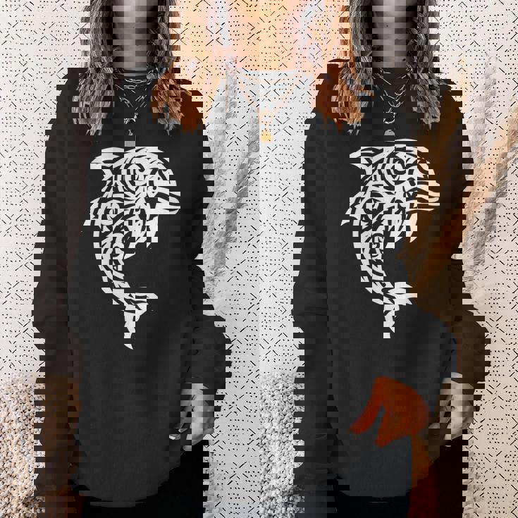 イルカ ポリネシアン トライバル マオリ ライトパターン イルカ 長袖tシャツ スウェットシャツ 彼女への贈り物