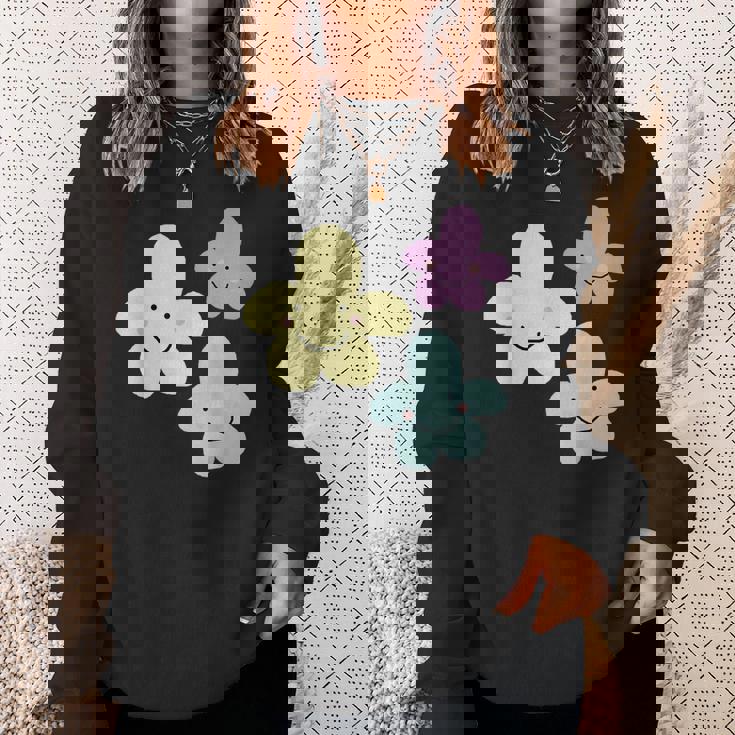 スマイリングフラワー イエロー ブルー パープル 楽しい春 スウェットシャツ 彼女への贈り物