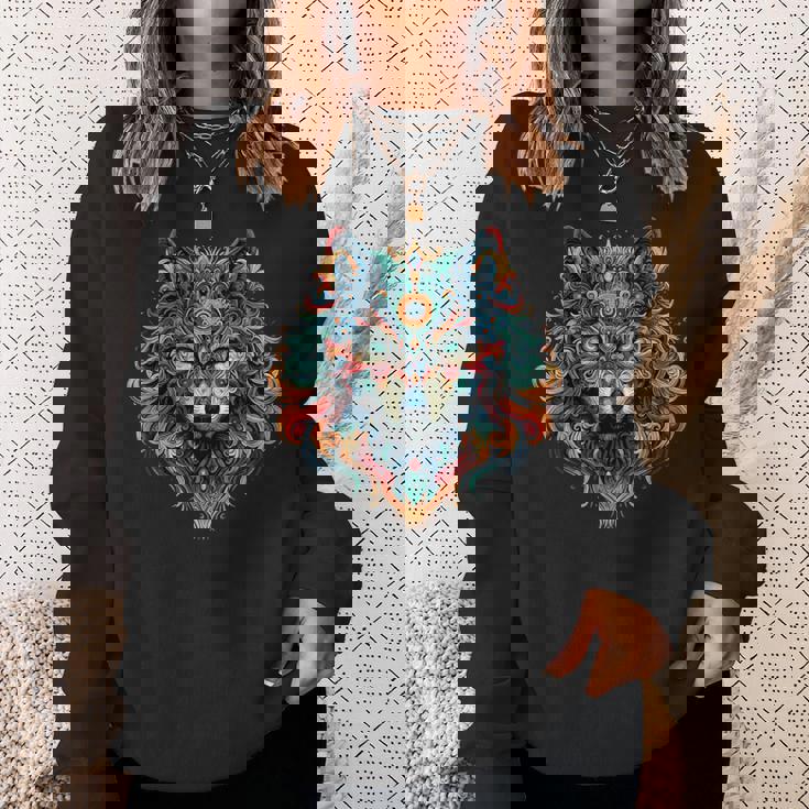 フラクタル スピリット アニマル オオカミ サイケデリック スウェットシャツ 彼女への贈り物