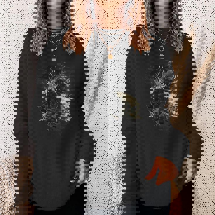 ブラックローズフラワーとスカルアート グランジスタイル 長袖tシャツ スウェットシャツ 彼女への贈り物