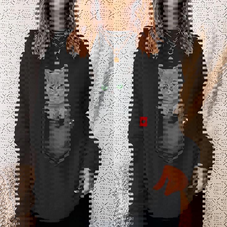 ブリティッシュショートヘア猫 ポケットの中 のぞくかわいい子猫 長袖tシャツ スウェットシャツ 彼女への贈り物