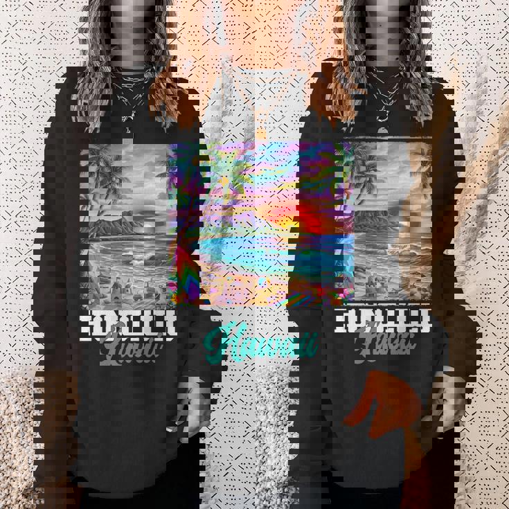 ホノルル ハワイ ハワイアン 波 ビーチ 夏 サーフィン レトロ 長袖tシャツ スウェットシャツ 彼女への贈り物