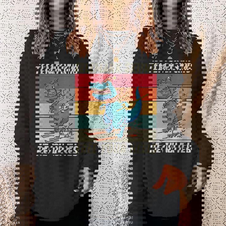 レトロ かわいい 漫画 恐竜 スキーヤー テレマーク スキー スウェットシャツ 彼女への贈り物