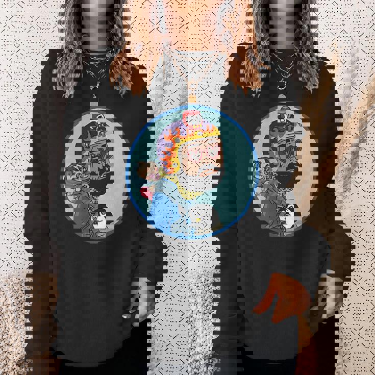 赤ちゃんをおんぶしたファンキー男 ハート型のサングラス ミニダルマ ヒゲ ファイヤーパターンのヘルメット スウェットシャツ 彼女への贈り物