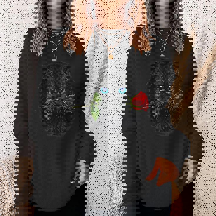 黒ペルシャ猫 ねこ 薔薇 バラ バレンタイン スウェットシャツ 彼女への贈り物