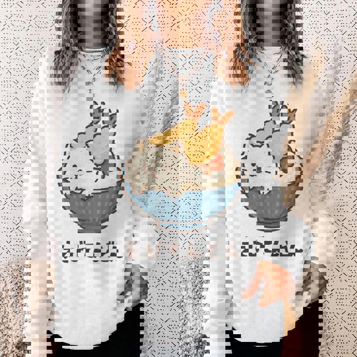 海老天丼 天丼 えび ご飯 ねこ 白猫 天丼好き 猫好き おもしろ かわいい猫 イラスト 猫キャラ 癒し 系 スウェットシャツ 彼女への贈り物