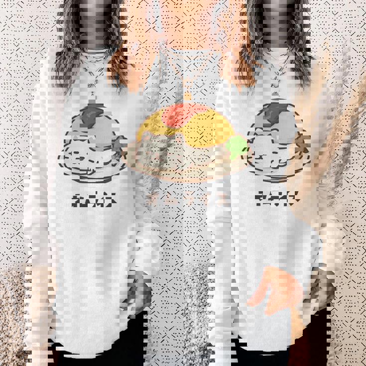 白猫×オムライスのゆるかわイラスト 猫好き・ごはん好き向け おもしろ ネタ系 癒しデザイン スウェットシャツ 彼女への贈り物