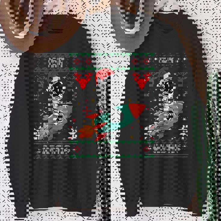 Ugly Christmas Astronaut Riding Rocket Santa Hat Tree Sweatshirt Gifts for Old Women