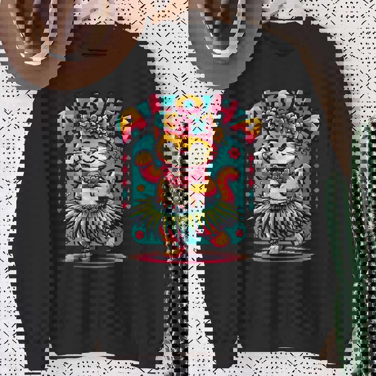 アロハ ハワイ ハワイアン フラダンス キャット シャツ 猫好き フラ 長袖tシャツ スウェットシャツ 年配の女性への贈り物