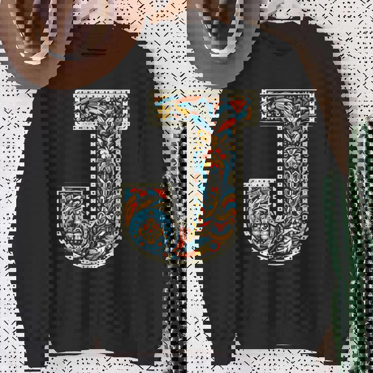 イニシャル 名前 文字 J アルファベット 民芸風 スウェットシャツ 年配の女性への贈り物