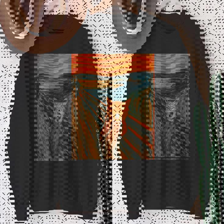 ニャンコの叫び 面白い 猫 ムンクの叫び パロディ おもしろ 服 おもしろグッズ ネタ 長袖tシャツ スウェットシャツ 年配の女性への贈り物