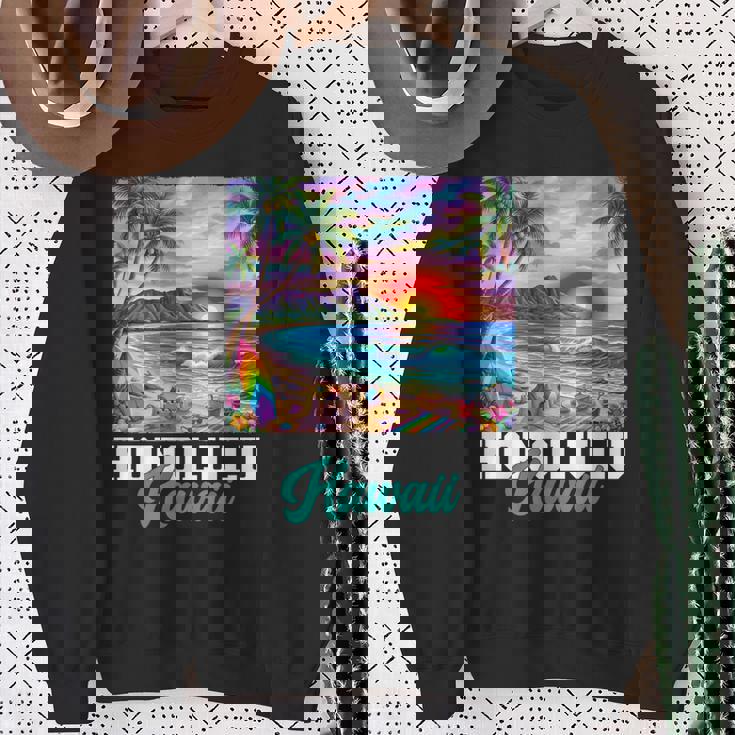 ホノルル ハワイ ハワイアン 波 ビーチ 夏 サーフィン レトロ 長袖tシャツ スウェットシャツ 年配の女性への贈り物