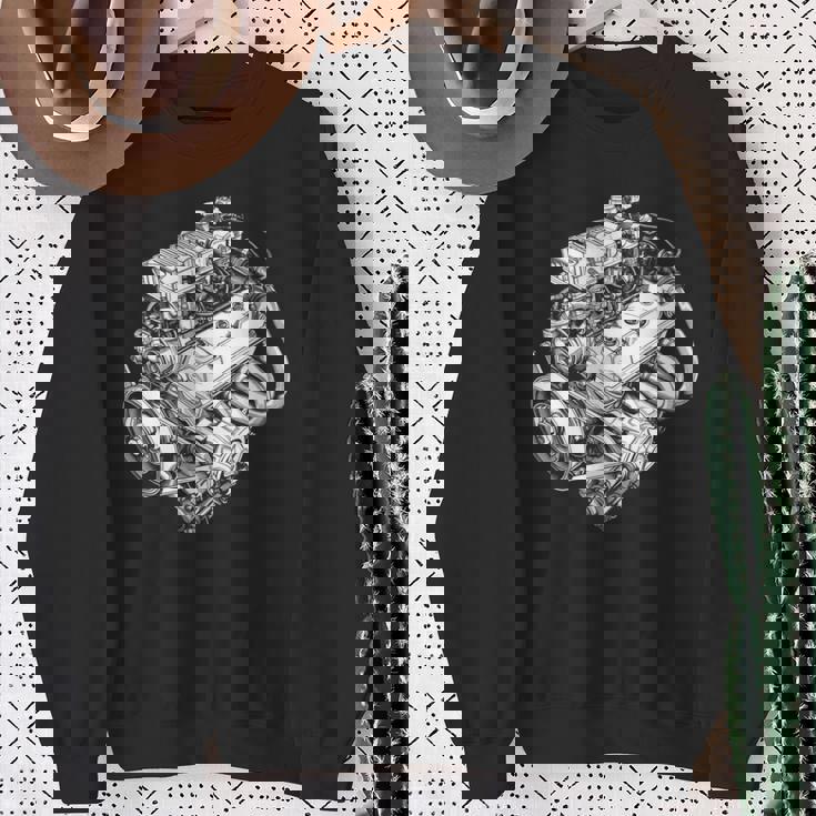 ヴィンテージカーエンジンコンポーネント 青写真 図 メンズグラフィック 長袖tシャツ スウェットシャツ 年配の女性への贈り物