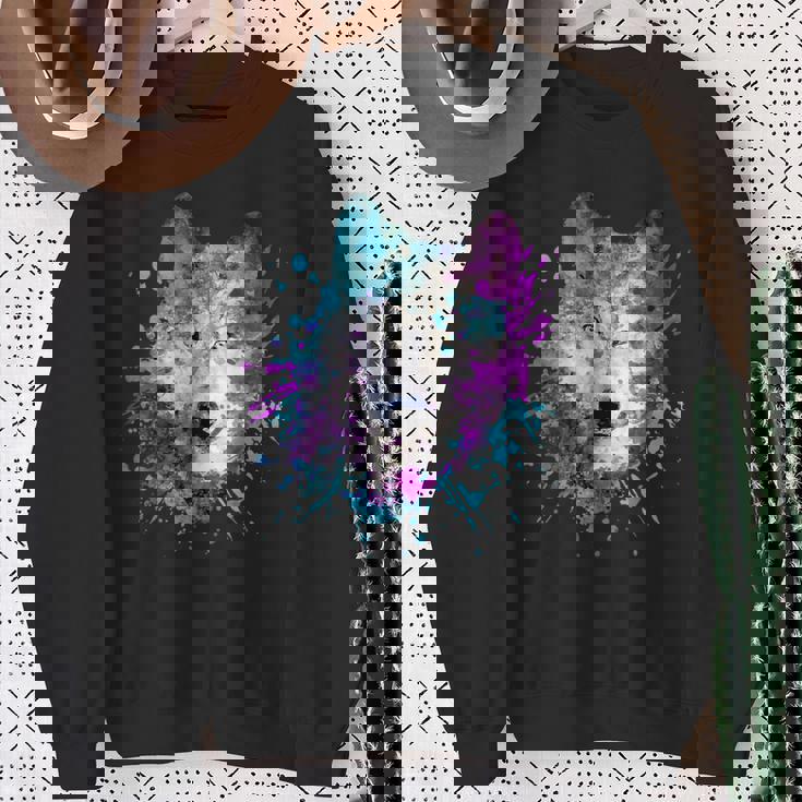 水彩 狼 頭 カラフル オオカミ 贈り物 スウェットシャツ 年配の女性への贈り物