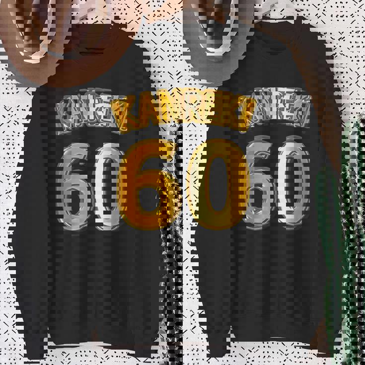 還暦 六十歳 60才 祝 Kanreki（ユニフォーム風）【フェイク 金プレート風 文字】誕生日 面白 スウェットシャツ 年配の女性への贈り物