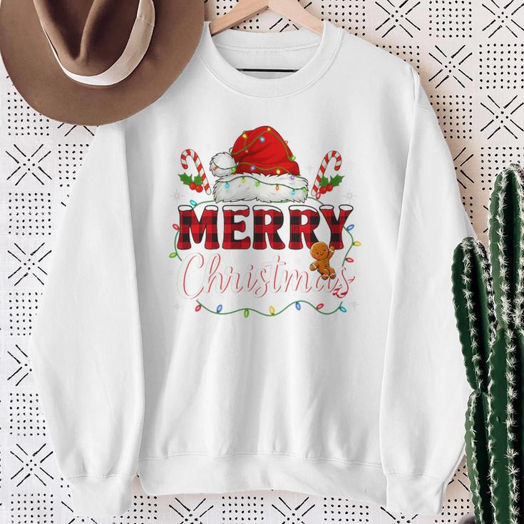 Merry Christmas Buffalo Plaid Red Santa Family Xmas Pajamas Tri-Blend Sweatshirt Gifts for Old Women