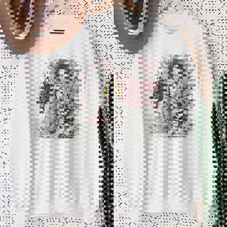 日本 浮世絵 観音菩薩 竜 桜 波 バックプリント 長袖tシャツ スウェットシャツ 年配の女性への贈り物