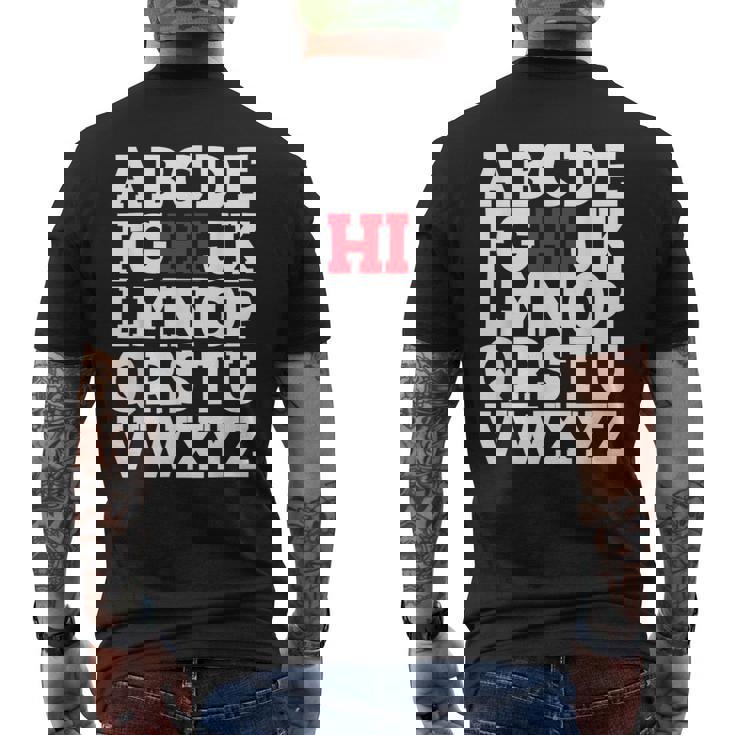 Abcのhiおかしいこんにちはアルファベット学生教師グリーティング メンズTシャツ バックプリント