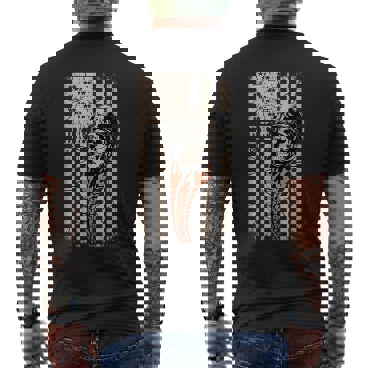 Biker Skull Vintage Art With Flames And American Flag Men's Back Print T-Shirt