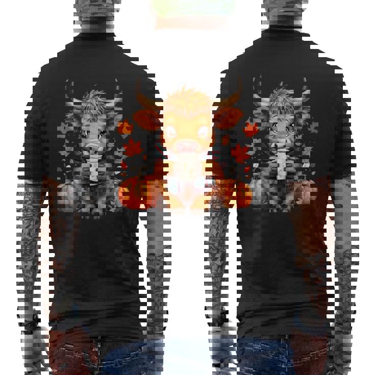 Cute Highland Cow Autumn Pumpkin Fall Coffee Pumpkin Spice Men's Back Print T-Shirt