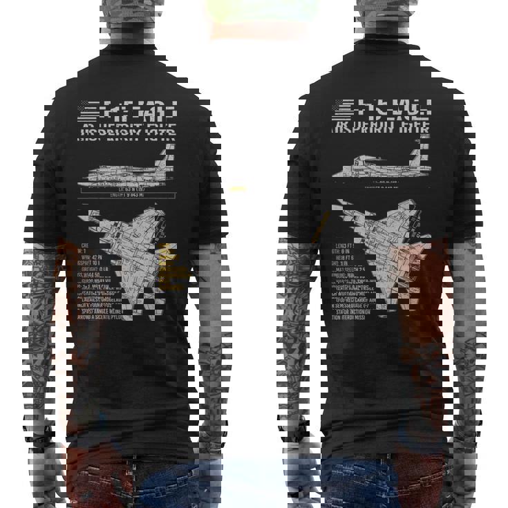 F-15イーグル航空機の設計図ジェット戦闘機データ メンズTシャツ バックプリント