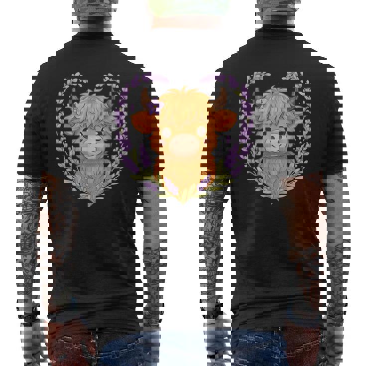 Highland Cow Lavender Heart Men's Back Print T-Shirt