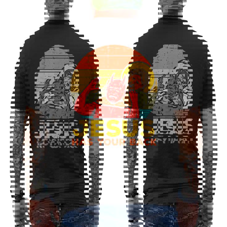 Jesus Has Your Back Jiu Jitsu レトロ クリスチャン メンズ レディース キッズ メンズTシャツ バックプリント