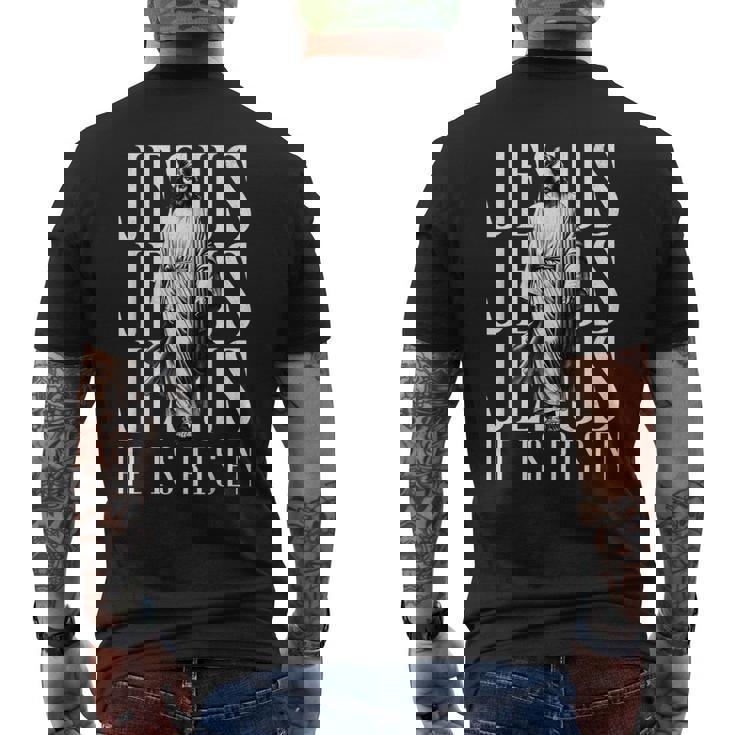 Jesus He Is Risen クリスチャン 復活 救世主 信仰 イースター メンズTシャツ バックプリント