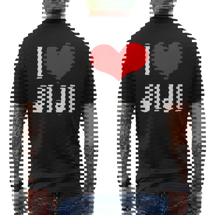 I Love Jiji 愛 ハート じーじ じいじ おじいさん 父の日 家族 家族写真 記念写真 おもしろ かわいい メンズTシャツ バックプリント
