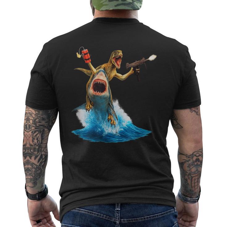 Raptor Riding Shark Dinosaur Meme Art Men's Back Print T-Shirt | Mazezy