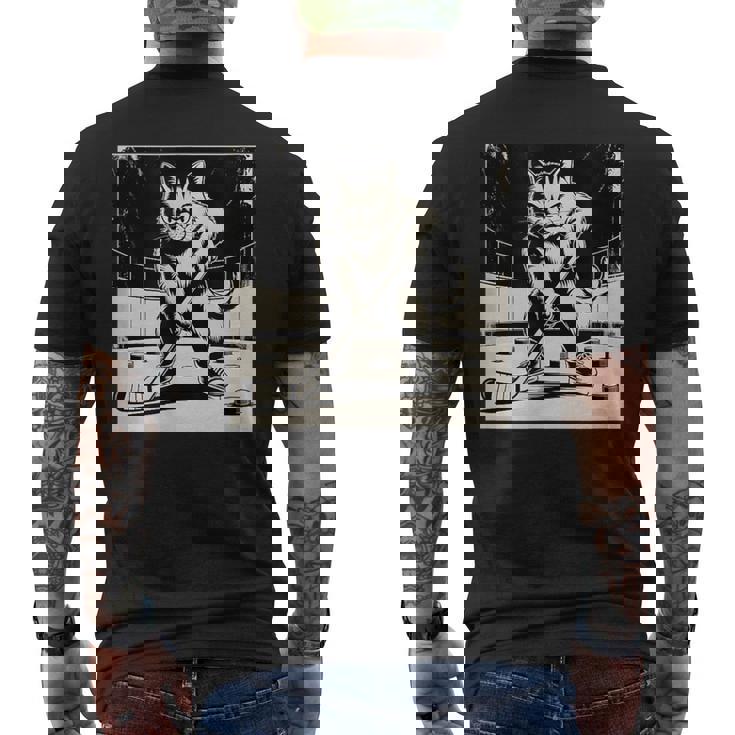Retro Cat Playing Ice Hockey Stick Skating Sports Men's Back Print T-Shirt