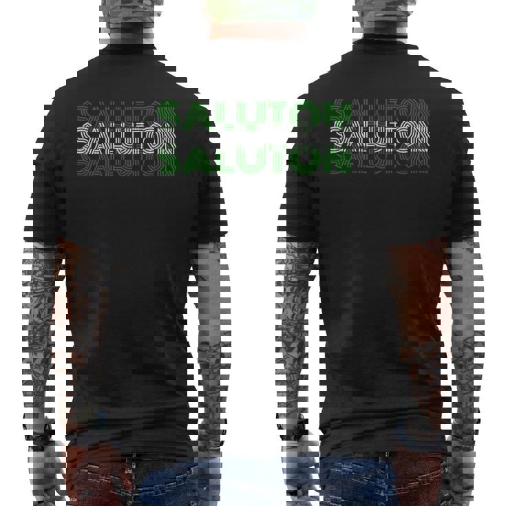 Saluton エスペラントのヘロ レトロテキスト メンズTシャツ バックプリント