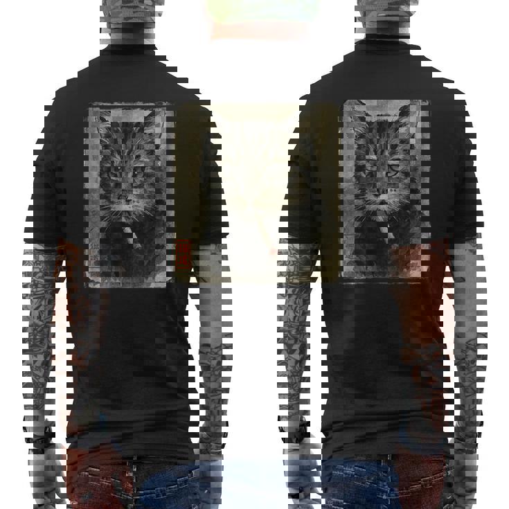 おもしろい 悲しい猫 喫煙 タバコ ミーム 恋人 墨絵 日本語 メンズTシャツ バックプリント