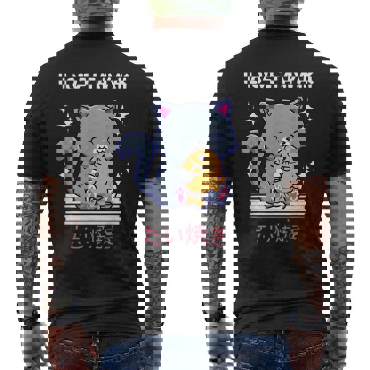 たい焼きが大好き かわいい かわいい 猫がたい焼きを食べる 日本アニメ メンズTシャツ バックプリント