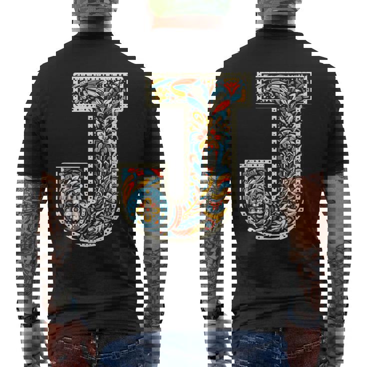 イニシャル 名前 文字 J アルファベット 民芸風 メンズTシャツ バックプリント