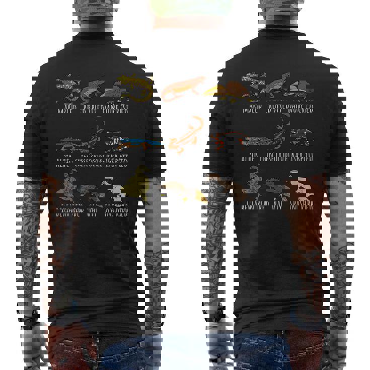 イモリ愛好家のためのかわいい種類のイモリサンショウウオ種チャート メンズTシャツ バックプリント