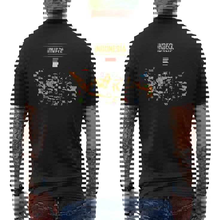 インドネシアの地図。 有名な国のランドマークのアイコン、伝統 メンズTシャツ バックプリント